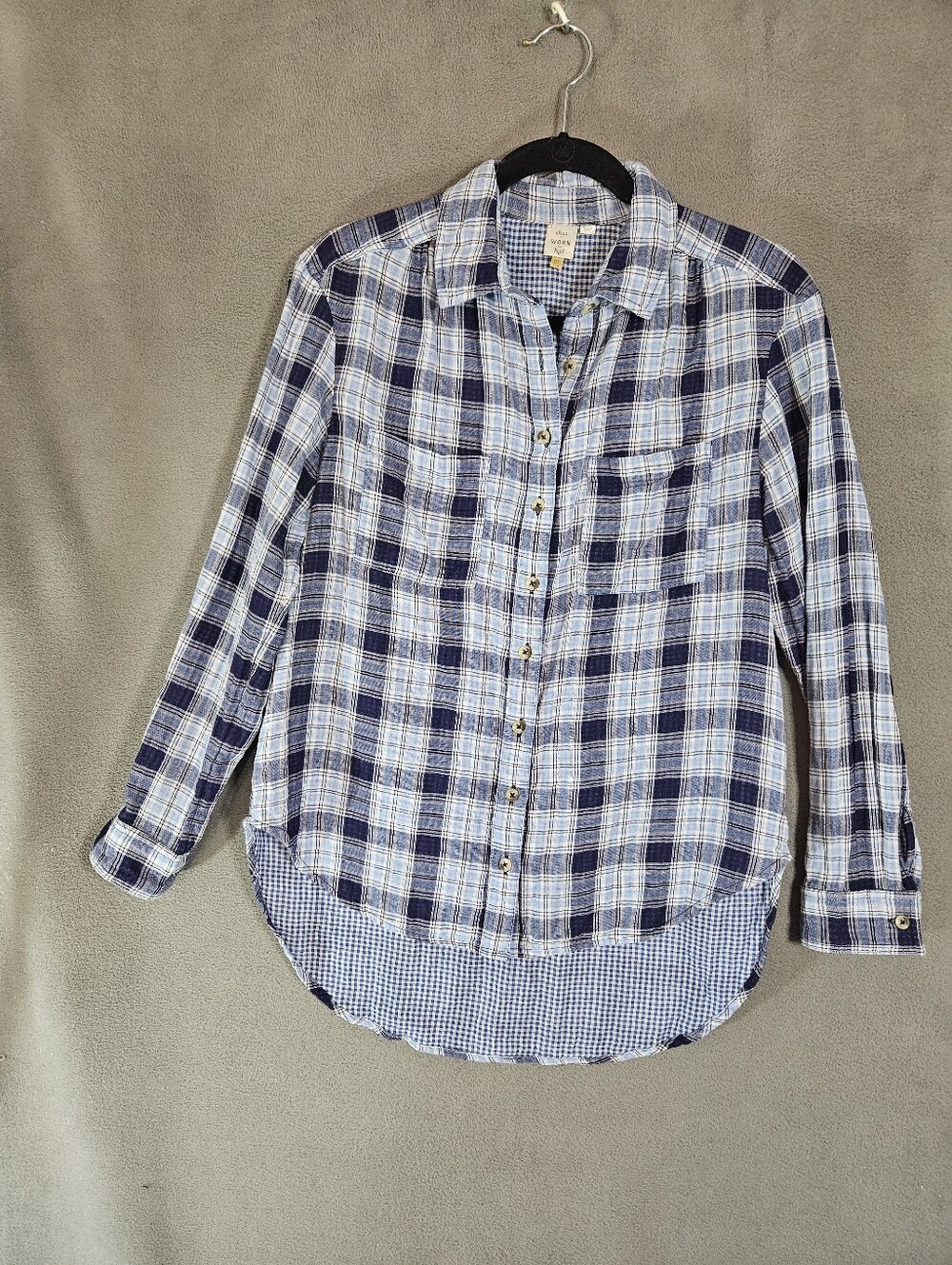 Anthropologie Seen Worn Kept blue plaid button-up shirt Gauze Womens 4 Cotton